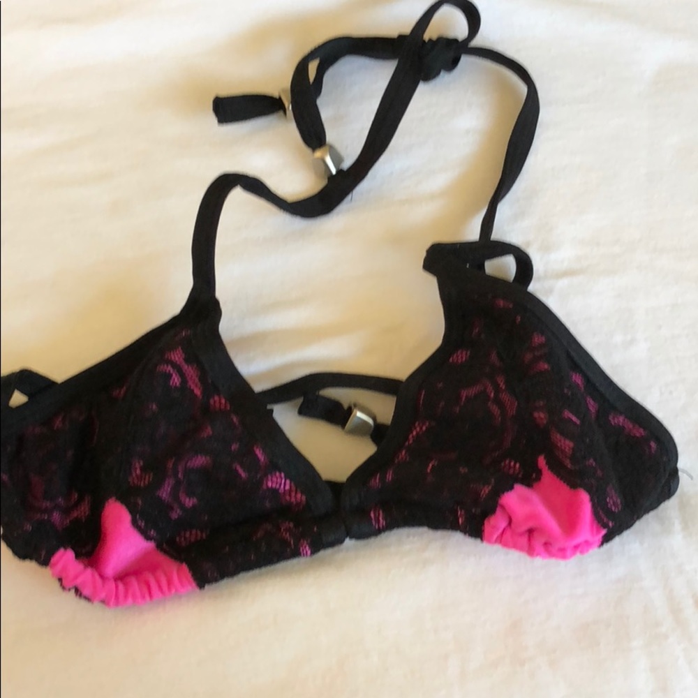 Brand new black lace bikini top with hot pink trim